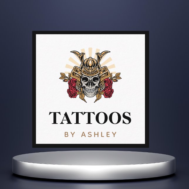 Gothic Skull & Samurai Helmet Modern Tattoo Artist Square Business Card (Creator Uploaded)
