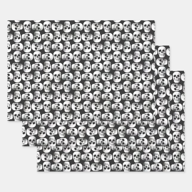 Gothic Skull Scary Black And White Pattern Design Wrapping Paper Sheet (Set)