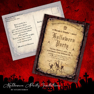 Gothic Skull Skeletons Bats Halloween Party Invite Postcard