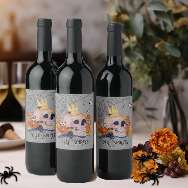 Gothic Skull Spider Butterflies Floral Halloween   Wine Label (Halloween skull with crown and whimsical fall flowers with spiders and butterflies, original art)