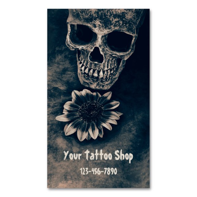 Gothic Skull Sunflower Vintage Antique Magnetic Business Card (Front Vertical)