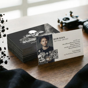 Gothic Skull Tattoo Artist Studio Photo QR Code  Business Card