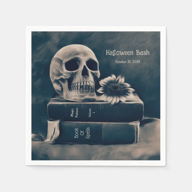 Gothic Skull Vintage Books Macabre Halloween Party Napkin (Front)