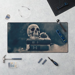 Gothic Skull Vintage Old Books Cyanotype Macabre Desk Mat