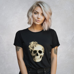 Gothic Skull White Roses Black T-Shirt