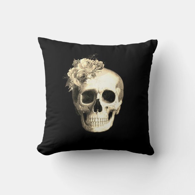 Gothic Skull White Roses Halloween Cushion (Front)