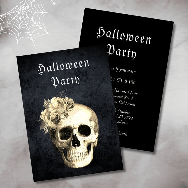  Gothic Skull White Roses Halloween Party Invitation (Creator Uploaded)