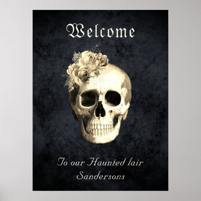 Gothic Skull White Roses Personalised Halloween Poster (Front)