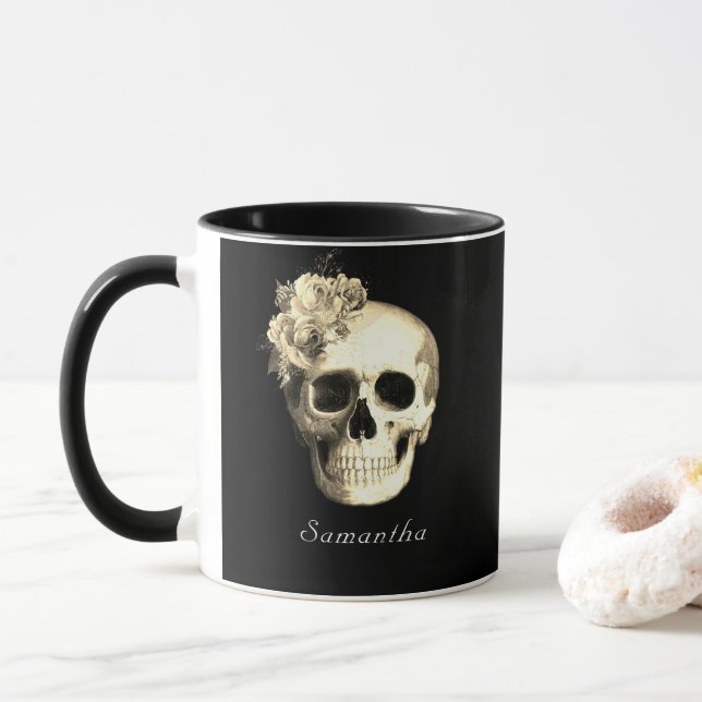 Gothic Skull White Roses Personalised Mug (With Donut)