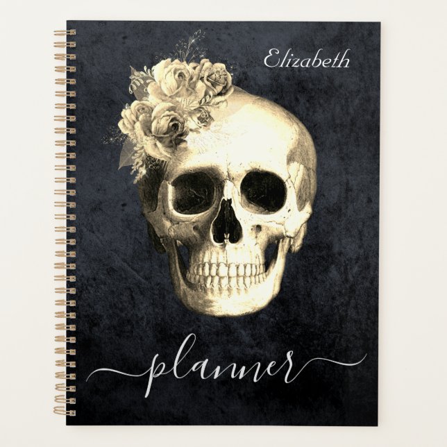 Gothic Skull White Roses Personalised Planner (Front)