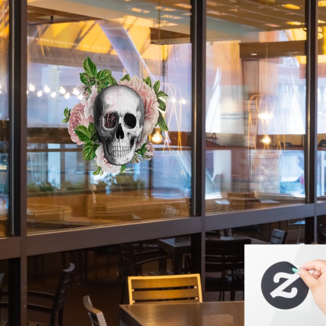 Gothic Skull with Pink Roses  Window Cling (Restaurant Window)