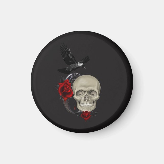 Gothic Skull With Rose and Raven Magnet (Front)