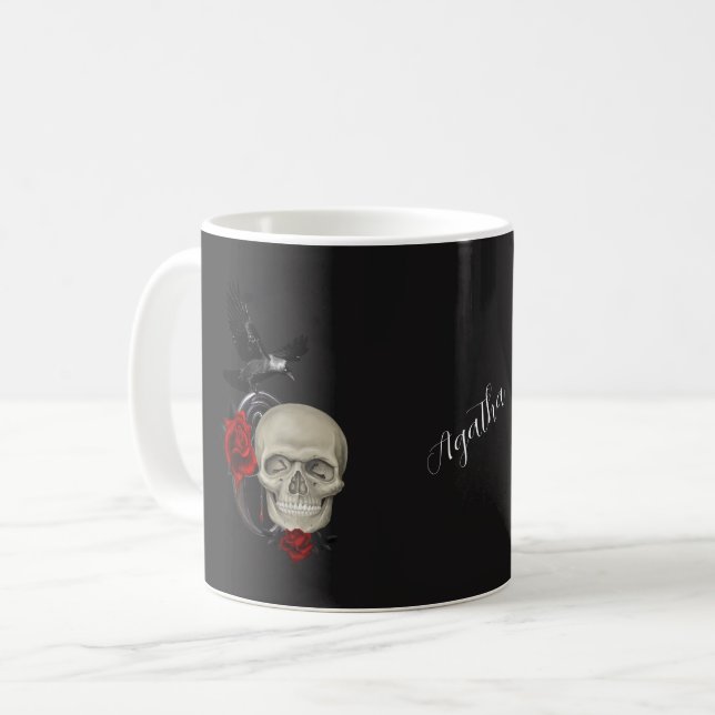 Gothic Skull With Rose And Raven Personalised Coffee Mug (Front Left)
