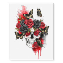 Gothic Skull with Roses and Butterflies