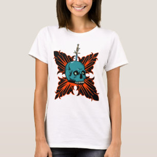 Gothic Skull with Sword and Fiery Tribal Design T-Shirt