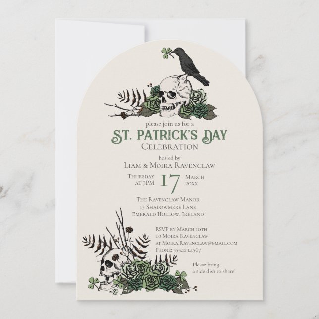 Gothic Skulls and Clovers St Patrick's Celebration Invitation (Front)