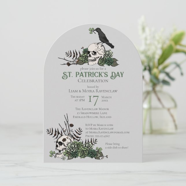 Gothic Skulls and Clovers St Patrick's Celebration Invitation (Standing Front)