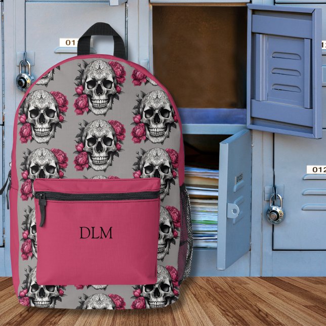 Gothic Skulls and Pink Peonies Monogram Printed Backpack (Creator Uploaded)