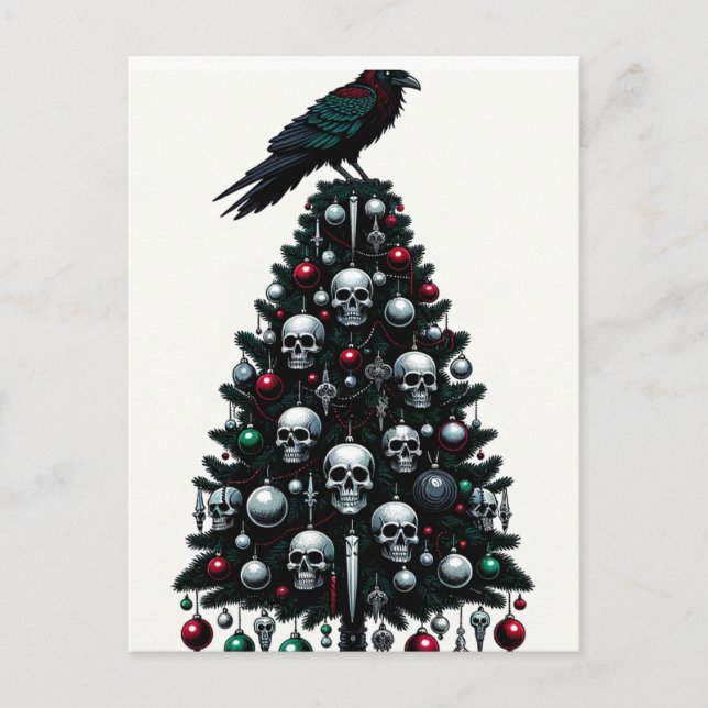 Gothic Skulls and Raven Christmas Tree Postcard (Front)