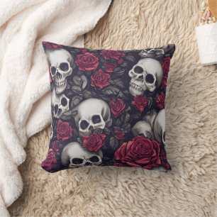 Gothic Skulls and Red Roses Cushion