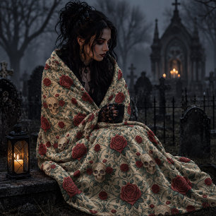 Gothic Skulls and Red Roses Fleece Blanket