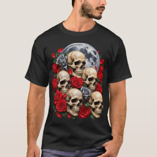Gothic Skulls and Red Roses T-Shirt Dark Floral