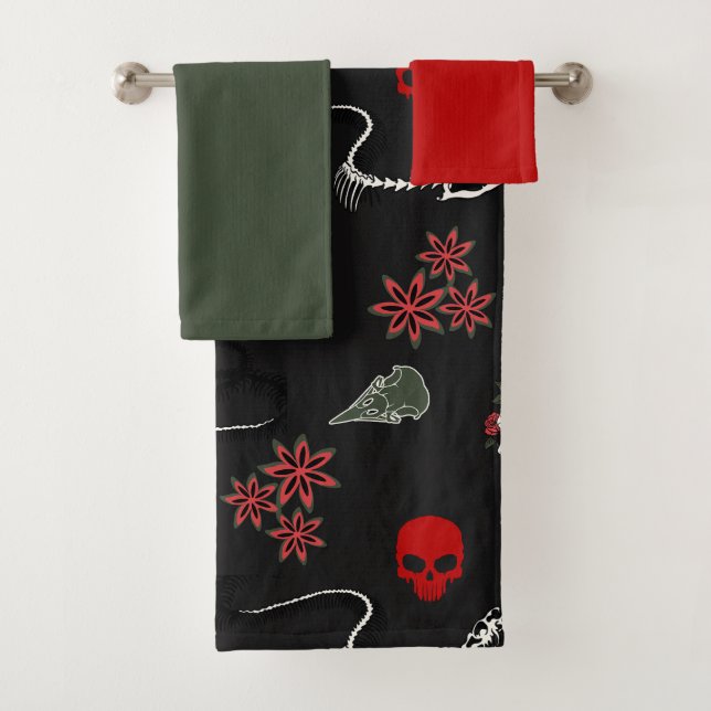 Gothic Skulls and Roses Halloween Pattern Bath Towel Set (Insitu)