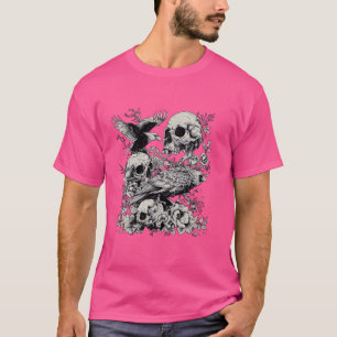Gothic Skulls and Vultures Floral Art Illustration T-Shirt