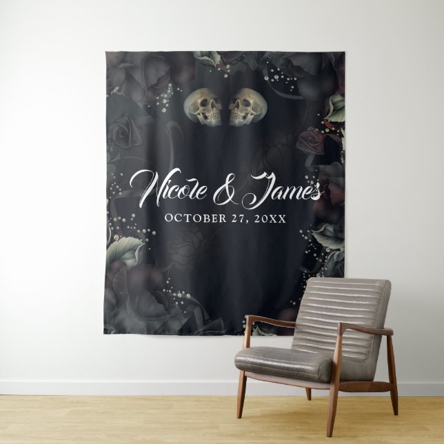 Gothic Skulls & Black Roses Wedding Backdrop Tapestry (In Situ)