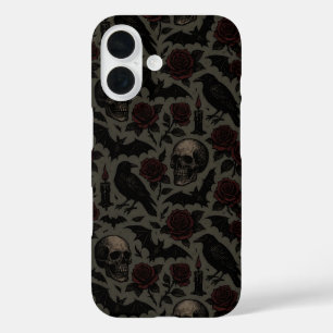 Gothic Skulls, Crows & Roses Pattern iPhone 16 Case