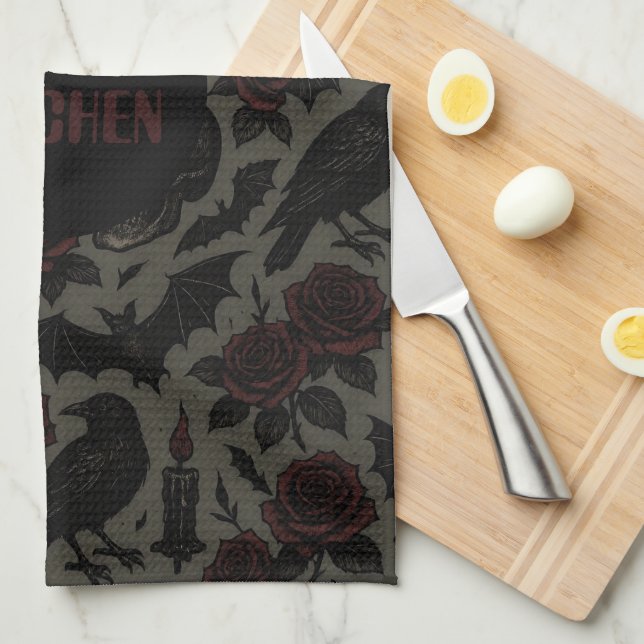 Gothic Skulls, Crows & Roses Pattern Tea Towel (Quarter Fold)