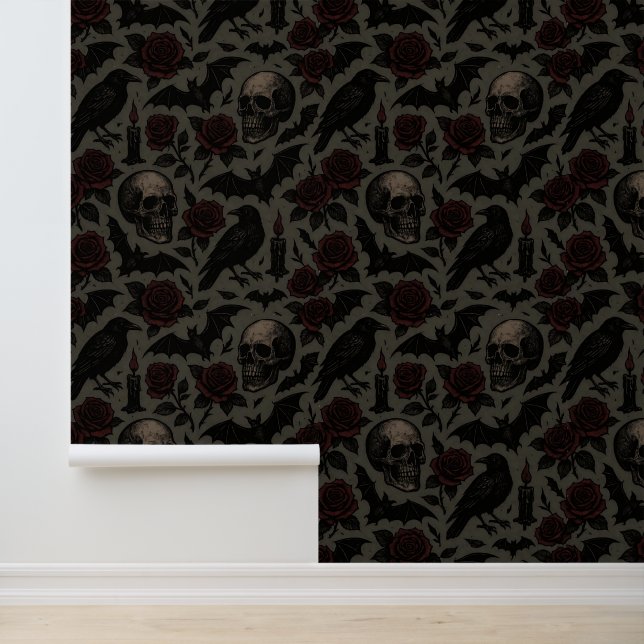 Gothic Skulls, Crows & Roses Pattern Wallpaper (Application)