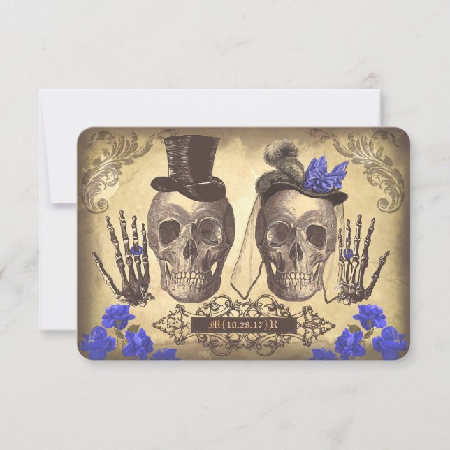 Gothic Skulls Day of The Dead Wedding RSVP cards (Front)