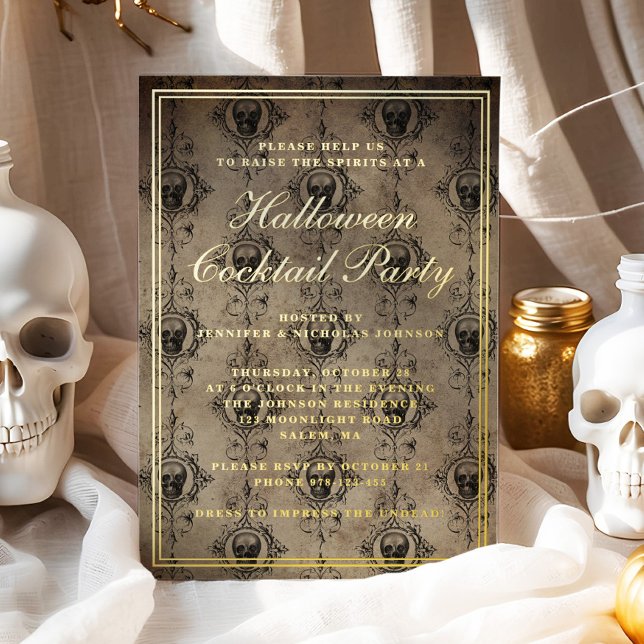 Gothic Skulls Halloween Cocktail Party Gold (Gothic Skulls Halloween Cocktail Party Gold Foil Invitation)