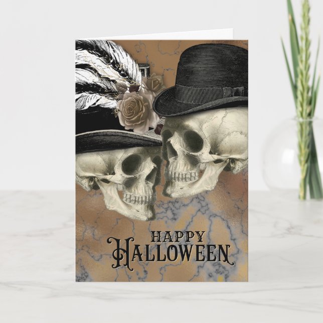 Gothic Skulls in Hats Vintage Halloween Holiday Card (Front)