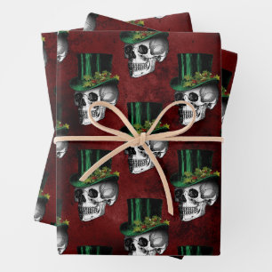 Gothic Skulls in Top Hats Red Green Holiday Wrapping Paper Sheet
