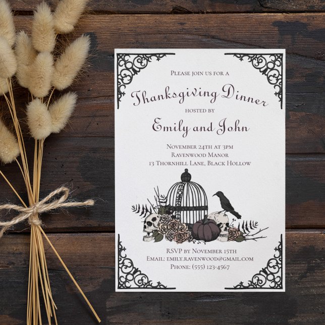 Gothic Skulls, Pumpkin & Fall Leaves Thanksgiving  Invitation (Gothic Thanksgiving Dinner Invitation. Skulls & Roses, Leaves, Crow, Birdcage, Black Iron Detail.)