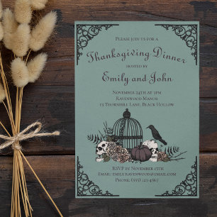 Gothic Skulls, Pumpkin & Fall Leaves Thanksgiving Invitation