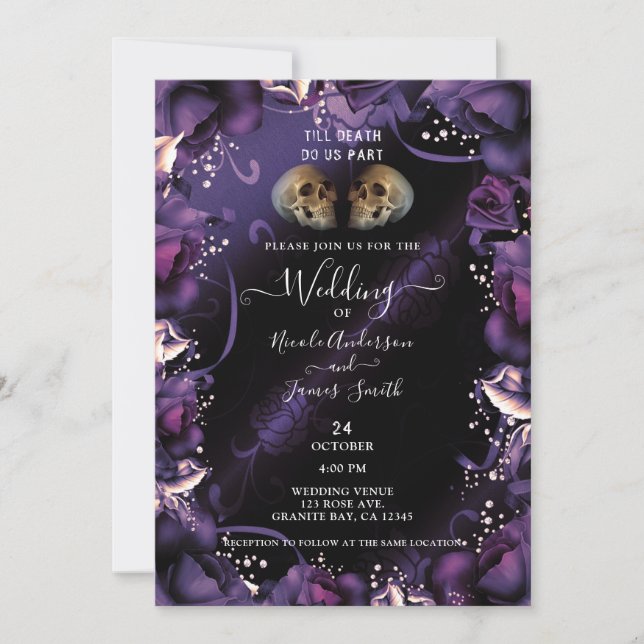 Gothic Skulls & Purple Roses Halloween Wedding Invitation (Front)