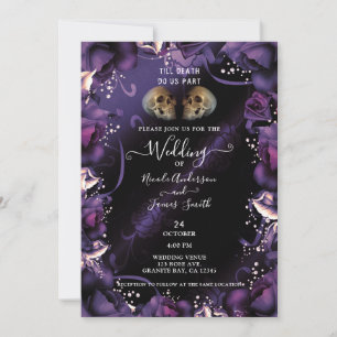 Gothic Skulls & Purple Roses Halloween Wedding Invitation