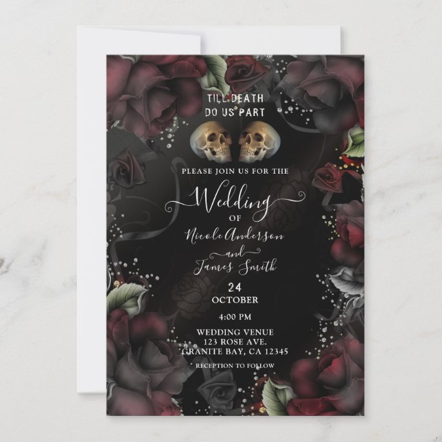 Gothic Skulls Red Black Roses Halloween Wedding Invitation (Front)