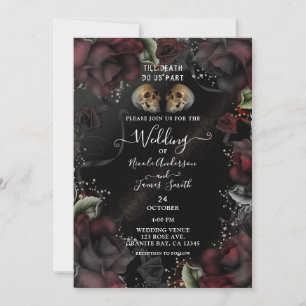 Gothic Skulls Red Black Roses Halloween Wedding Invitation