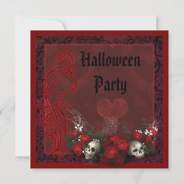 Gothic Skulls & Roses Black & Red Halloween Invitation (Front)