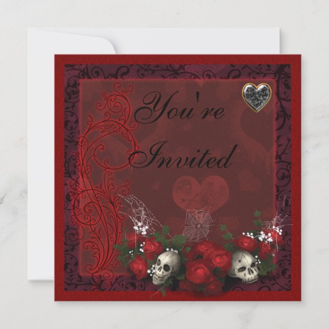 Gothic Skulls Roses & Hearts Black & Red Birthday Invitation (Front)