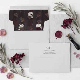 Gothic Skulls Roses Maroon Grey Wedding Envelope