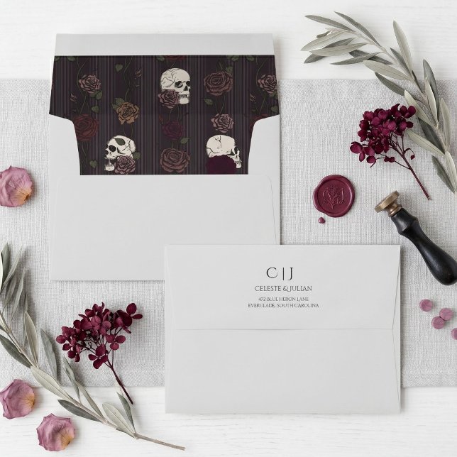 Gothic Skulls Roses Maroon Grey Wedding Envelope (Hand-drawn soft gothic floral skull light gray and dark maroon return address wedding envelope)