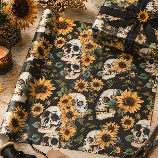 Gothic Skulls & Sunflowers Summer Goth Wrapping Paper (Creator Uploaded)