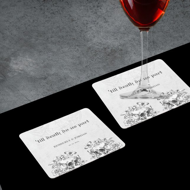Gothic Skulls 'till death do us part Wedding Favou Square Paper Coaster (Creator Uploaded)