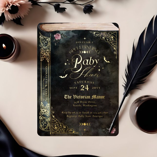 Gothic Spellbinding Vintage Goth Book Baby Shower (Gothic Spellbinding Vintage Goth Book Baby Shower Foil Invitation)