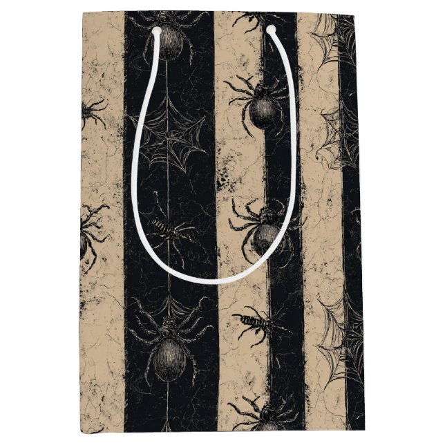 Gothic Spider and Web Striped Halloween Pattern Medium Gift Bag (Front)
